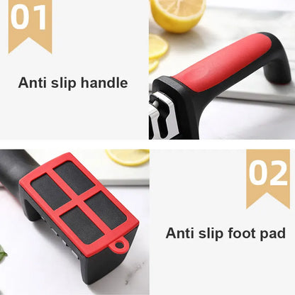Cet affûteur de couteaux est doté d'une poignée ergonomique et une base antidérapante pour une stabilité et sécurité maximisées