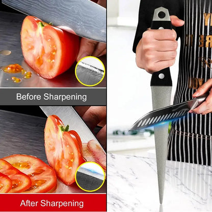 Marre des couteaux émoussés qui écrasent vos tomates au lieu de les couper? En quelques passages seulement notre affûteur de couteaux redonne à vos lames leur tranchant d'origine. Un avant-après impressionnant. Vous serez bluffé par la qualité de vos coupes nettes et précises