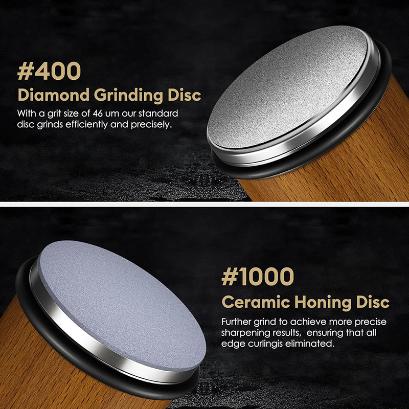 L'aiguiseur de couteau rotatif SharpRoll est fourni avec deux disques abrasifs en diamant industriel: 1 disque 400 pour un affûtage efficace et précis et un disque 1000 pour atteindre plus de précision et affiner vos lames