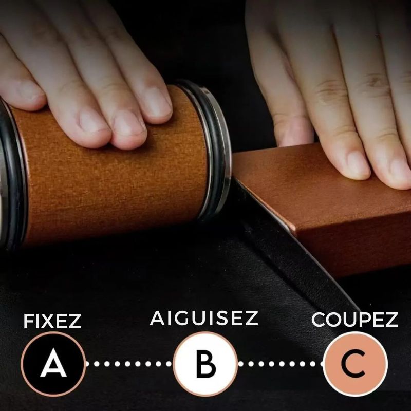 Un affûtage simple rapide et efficace en 3 étapes: A fixez votre couteau sur le support aimanté en choisissant l'angle souhaité, B aiguisez en roulant le cylindre rotatif, C votre couteau est prêt pour couper vos ingrédients préférés