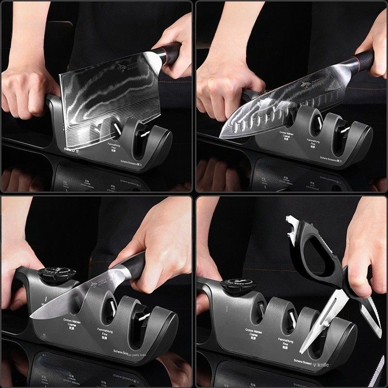Avec l'aiguiseur de couteau professionnel 4 en 1 vous pouvez enfin aiguiser tous vos couteaux et ciseaux de cuisine grâce à un seul et même outil, qu'il s'agisse de couperet, couteau de chef, couteau Santoku, couteau de table ou ciseaux de cuisine et plus encore. 