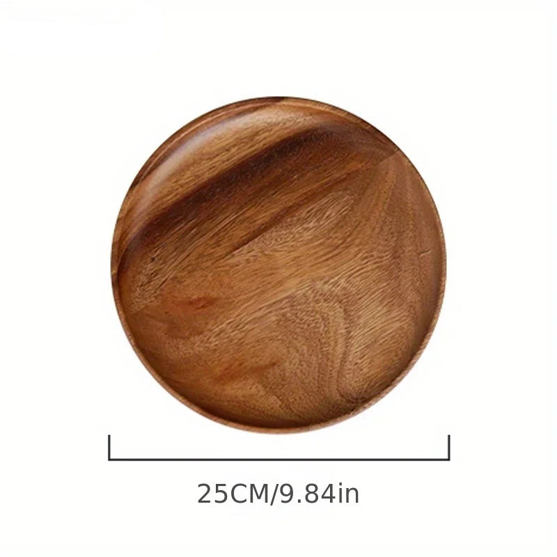Assiette en bois d'acacia de 25cm de diamètre, idéale pour une salade, un plat ou un dessert