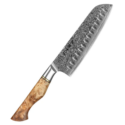 Couteau Santoku en acier Damas authentique avec poignée en bois d'érable Sycomore