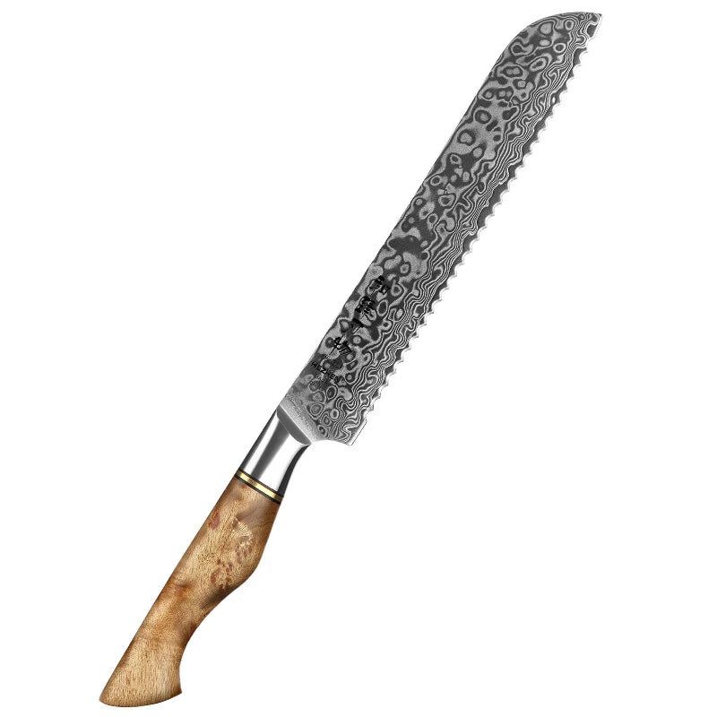 Couteau à pain en acier Damas authentique avec poignée en bois d'érable Sycomore