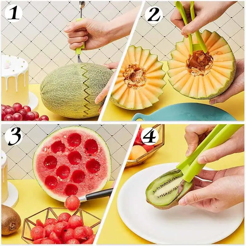 Coupe fruit 4 en 1. 1- Couteau dentelé à effet zigzag sert à couper votre melon en deux parties attrayantes. 2- Couteau à vider l'intérieur du melon. 3- Cuillère à billes de fruits pour obtenir de parfaites perles fruitées. 4- Couteau éplucheur de kiwis, melon pastèque papaye et autres fruits exotiques