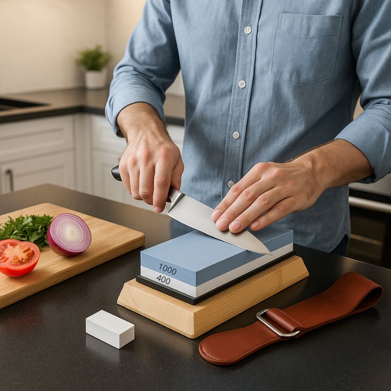 Pour des coupes précises, nettes et propres de vos aliments préférés, aiguisez vos couteaux émoussés en commencant par le grain 400 pour un affûtage efficace puis passez au grain 1000 pour une précision et un tranchant rasoir