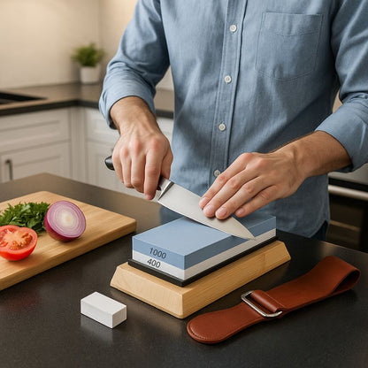 Pour des coupes précises, nettes et propres de vos aliments préférés, aiguisez vos couteaux émoussés en commencant par le grain 400 pour un affûtage efficace puis passez au grain 1000 pour une précision et un tranchant rasoir