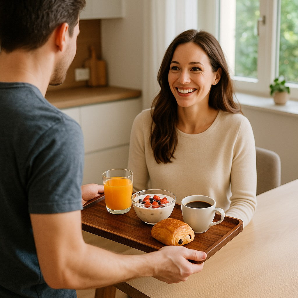 Le plateau en bois de noyer est idéal pour servir le petit déjeuner à votre bien aimé.e
