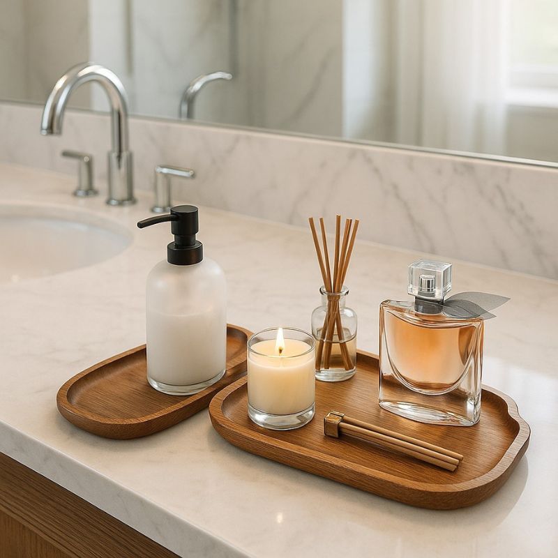 Ce plateau en bois de noyer naturel apporte une touche de chaleur et d'élégance instantanée à votre salle de bain