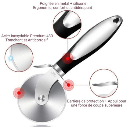 Notre roulette à pizza est dotée d'une poignée en métal et silicone antidérapante pour un confort et une ergonomie inégalés. La lame en acier inoxydable premium confère un tranchant et une précision hors pair. La roulette est également munie d'une barrière de protection servant aussi de repose-pouce pour une force de coupe et une sécurité accrues