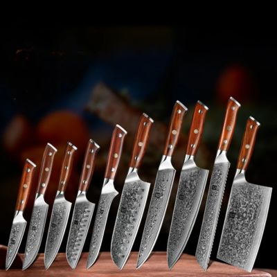 Ensemble de 10 couteaux de cuisine en acier Damas avec poignée en bois de palissandre