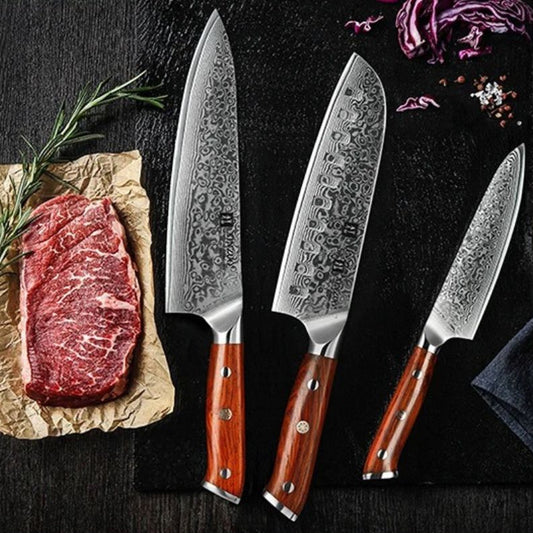 Set de trois couteaux de cuisine en acier Damas authentique avec poignée en bois de palissandre