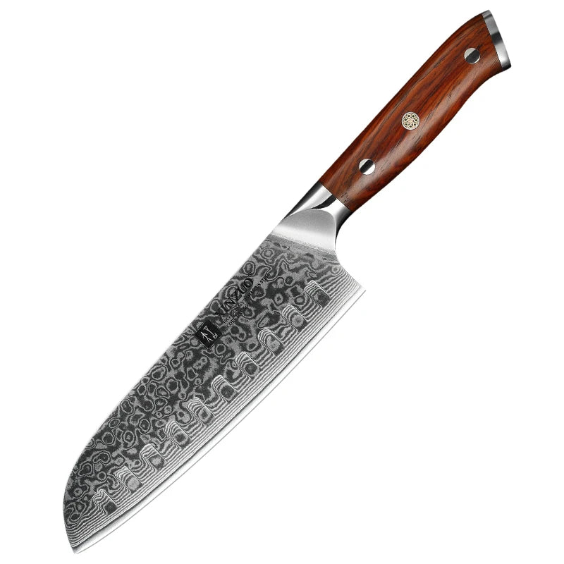 Couteau Santoku en acier Damas authentique avec poignée en bois de palissandre