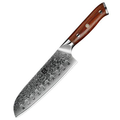 Couteau Santoku en acier Damas authentique avec poignée en bois de palissandre
