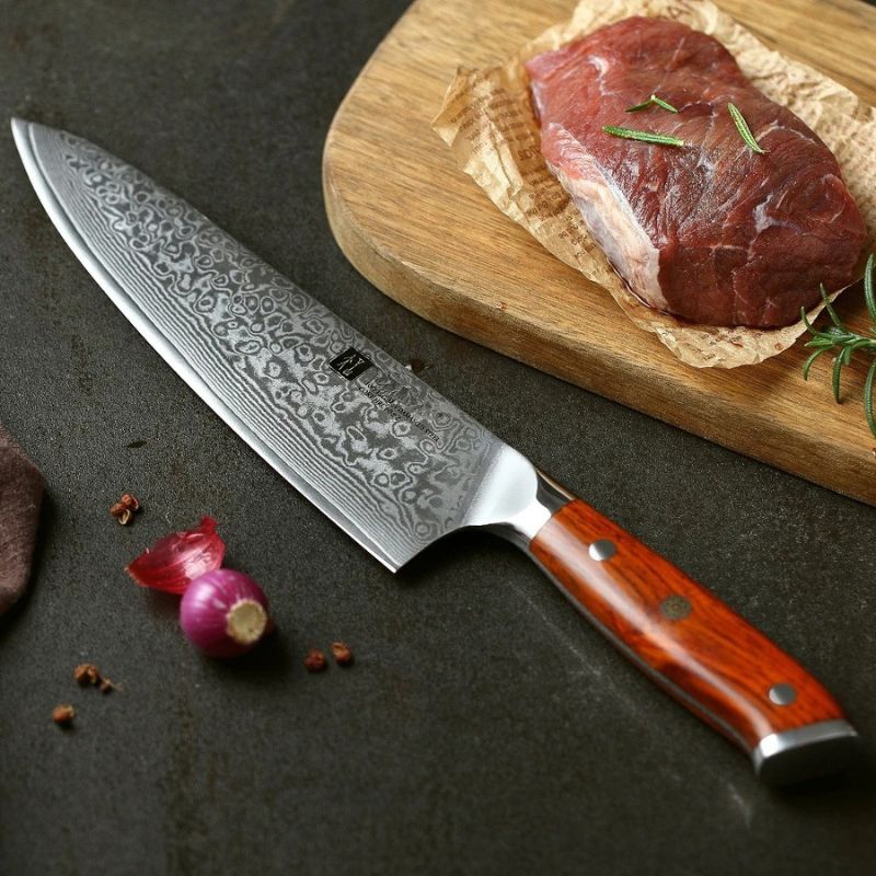 Couteau de Chef en acier Damas avec poignée en bois de palissandre idéal pour parer vos viandes