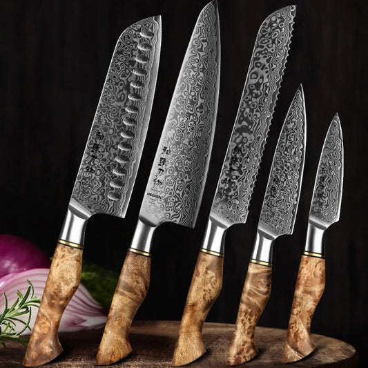 Set de 5 couteaux en acier Damas authentique avec poignées en bois d'érable sycomore