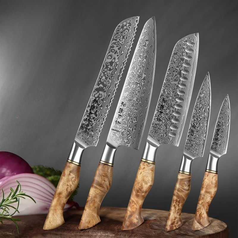 Set de 5 couteaux de cuisine en acier Damas véritable avec Poignée en érable sycomore