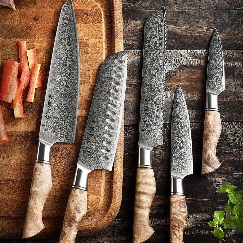Set de 5 couteaux en acier Damas authentique avec poignées en bois d'érable sycomore