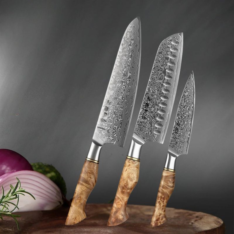 Set de 3 couteaux de cuisine en acier Damas véritable avec Poignée en érable sycomore