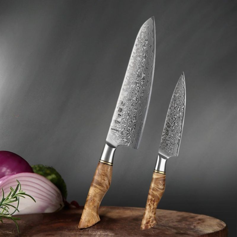 Set de 2 couteaux de cuisine en acier Damas véritable avec Poignée en érable sycomore