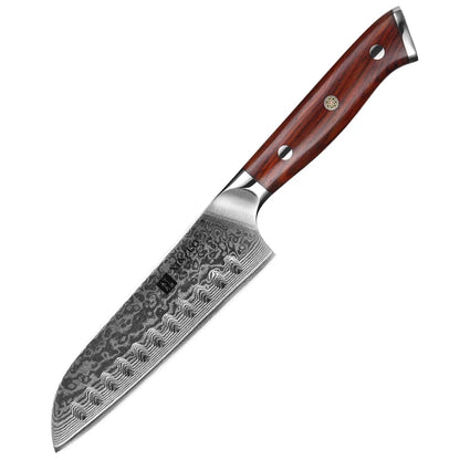 Petit Santoku en acier Damas authentique avec poignée en bois de palissandre