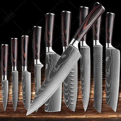Set de 10 couteaux de cuisine de style japonais indispensable et polyvalent pour couper trancher hacher ciseler émincer fileter désosser tous vos ingrédients avec la précision d'un samouraï et l'assurance d'un chef