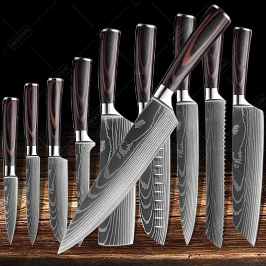 Set de 10 couteaux de cuisine de style japonais indispensable et polyvalent pour couper trancher hacher ciseler émincer fileter désosser tous vos ingrédients avec la précision d'un samouraï et l'assurance d'un chef